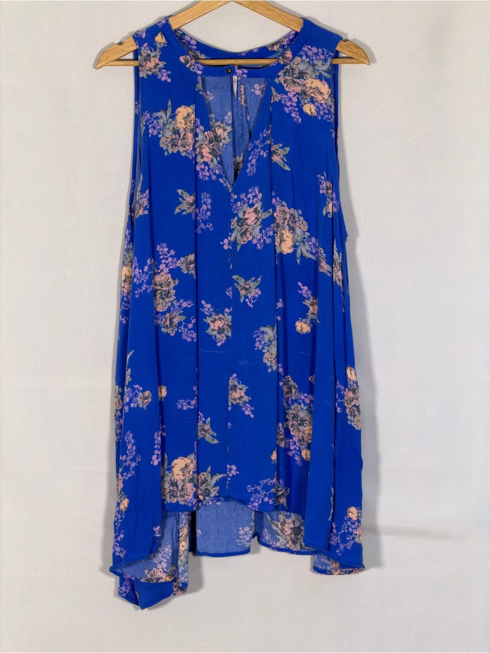 Free People Tree Swing Tunic Blue Floral Sleeveless Keyhole High Low Boho Sz L